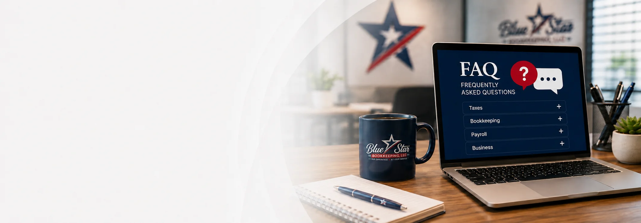 Laptop showing Blue Star Bookkeeping frequently asked questions in Austin